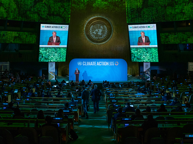 António Guterres speaks onstage at the UN Climate Action Summit.