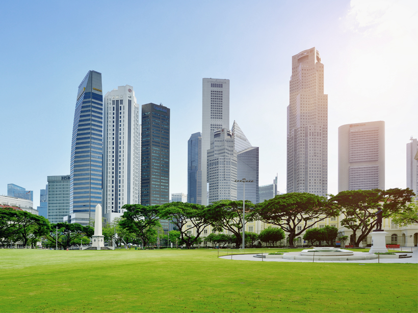 Singapore skyline behind a green park