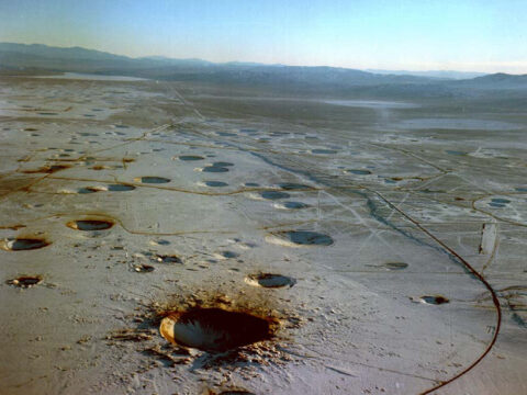 Aerial photo of subsidence craters in the desert