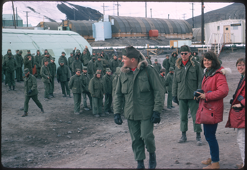 Terry Tickhill Terrell, Eileen McSaveny, and a crowd of U.S. Navy servicemen at McMurdo Station Terry Tickhill Terrell, Eileen McSaveny, and a crowd of U.S. Navy servicemen at McMurdo Station