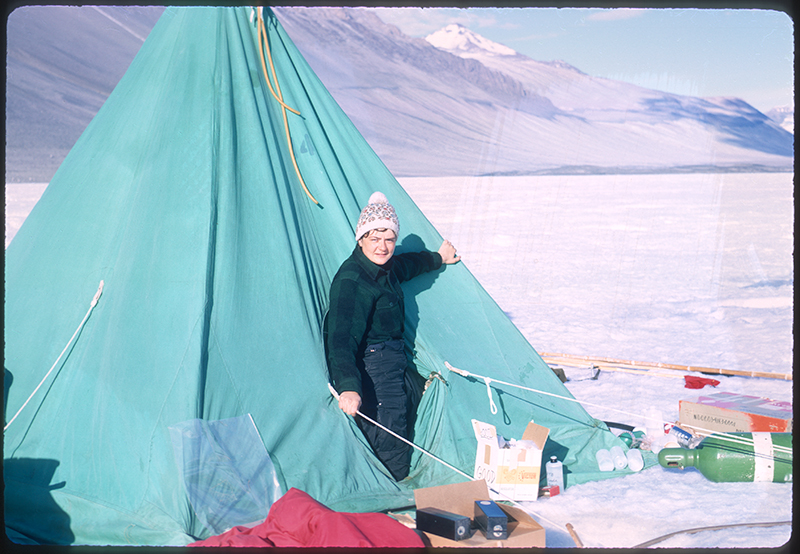 Terry Tickhill Terrell stands in a tent in Wright Valley, Antarctica Terry Tickhill Terrell stands in a tent in Wright Valley, Antarctica