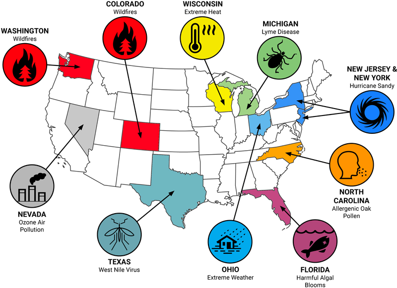 Map of the ten climate-sensitive case study events from 2012 included in the study by Limaye et al. published in GeoHealth