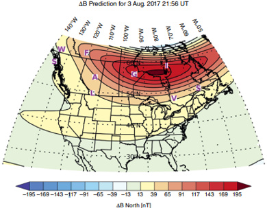 Map of magnetic field perturbations over North America