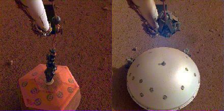 Side-by-side image of the SEIS instrument with and without its heat shield on Mars’s surface
