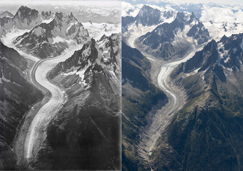 Aerial images of Mer de Glace glacier taken in 1919 and 2019