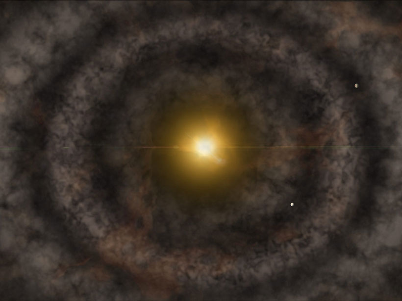 An artist's image of a planetary formation disk, with young planets scooping debris from the rings