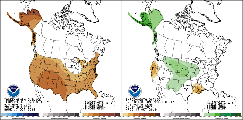 Side-by-side maps of the United States with forecasts of temperature and precipitation conditions in winter 2019 Side-by-side maps of the United States with forecasts of temperature and precipitation conditions in winter 2019