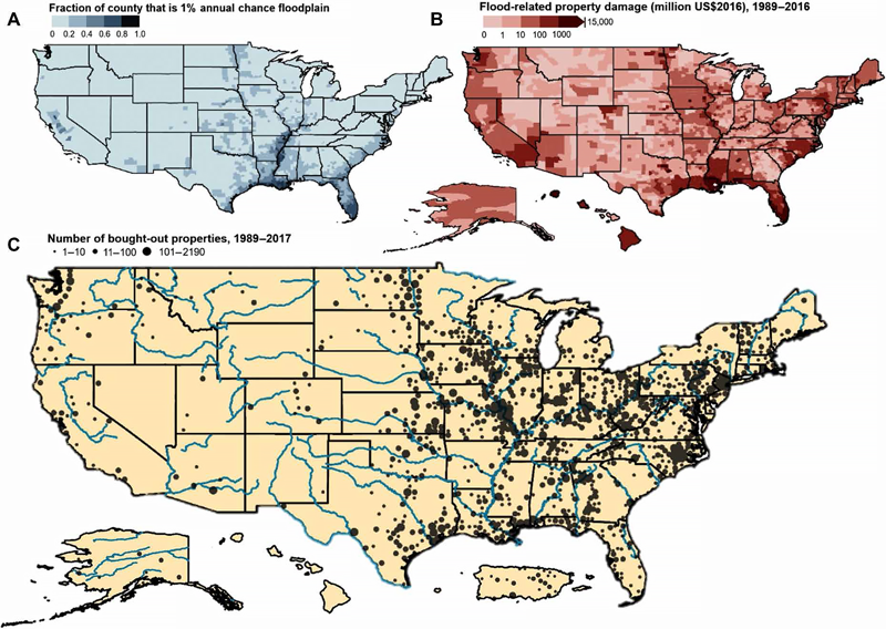 Maps of the U.S. showing flood risk, flood damage, and property buyouts