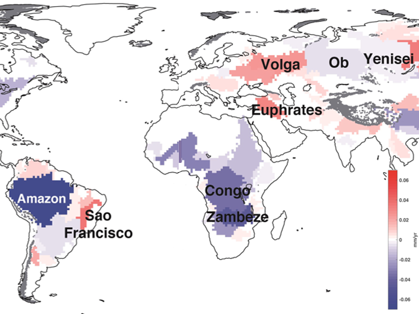 Map showing how much terrestrial water storage in some of the world’s major river basins contributes to sea level rise.