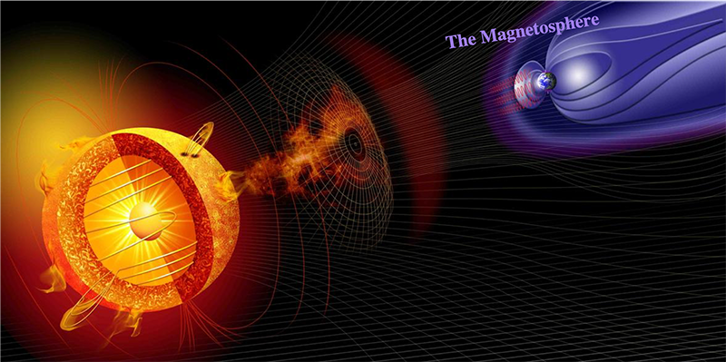 Illustration of the Sun emitting radiation and energy that reaches Earth’s protective magnetosphere Illustration of the Sun emitting radiation and energy that reaches Earth’s protective magnetosphere
