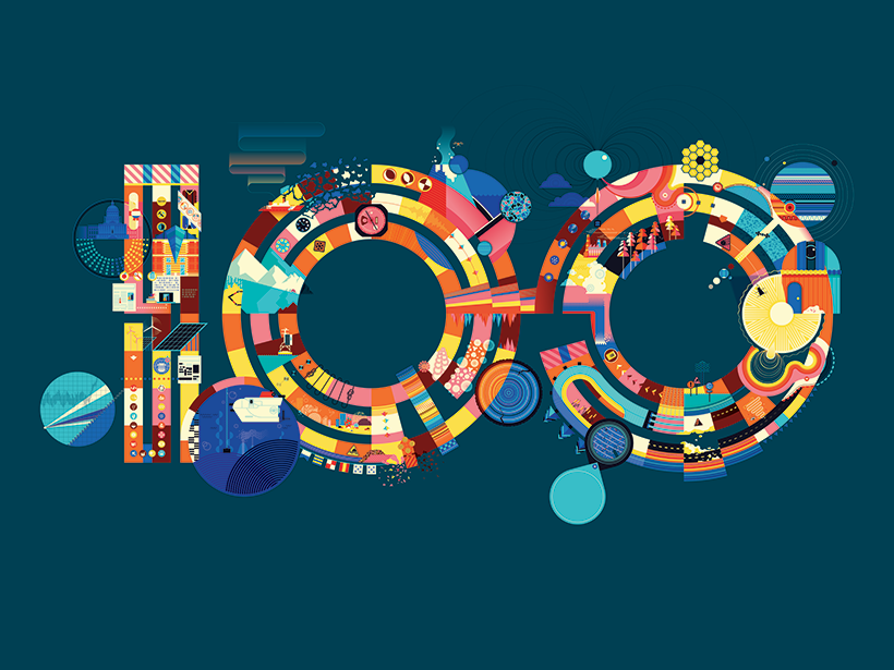 An illustration celebrating AGU’s Centennial using drawings from items that represent all the Earth and space science fields forming the number 100.