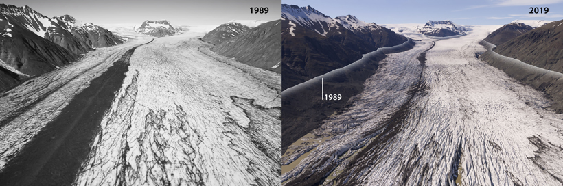 Heinabergsjökull glacier, seen from above, in 1989 (left) and 2019 (right)