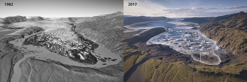 The terminus of the Hoffellsjökull glacier, seen in images from 1982 (left) and 2017 (right)