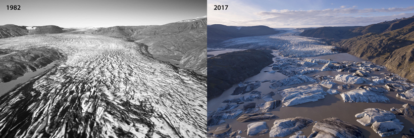 Aerial images of Hoffellsjökull glacier taken in 1982 (left) and 2017 (right)