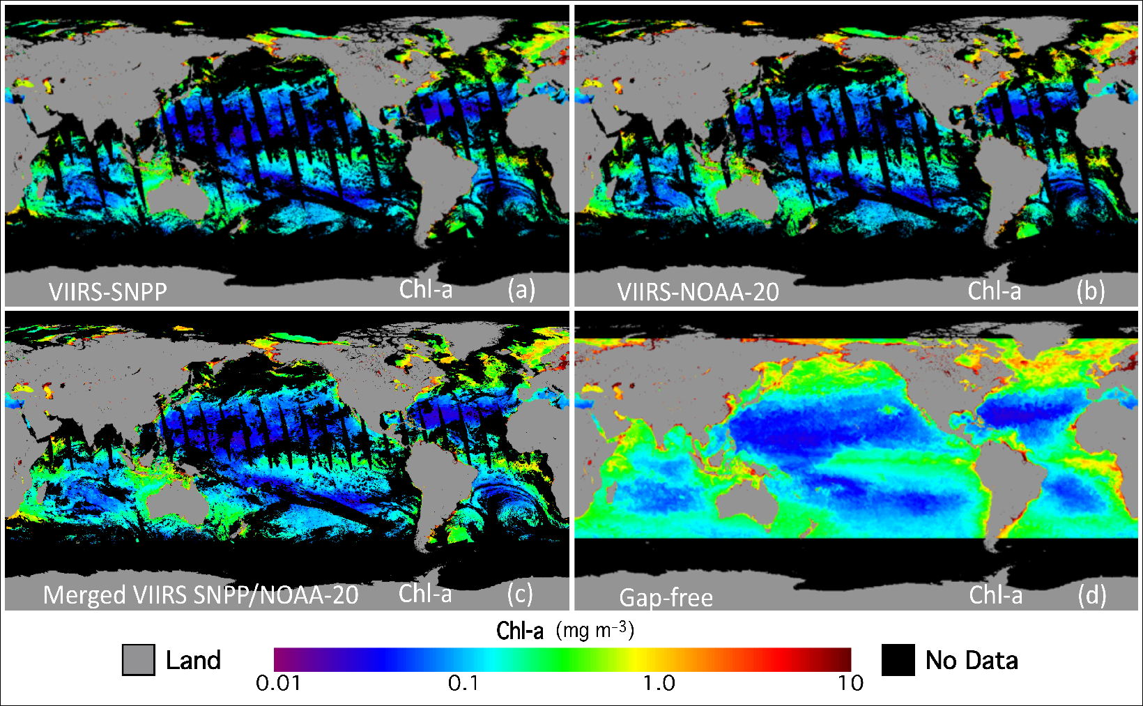Sequence of global maps of chlorophyll a concentration on 29 July 2019 showing the effects of gap-filling data processing Sequence of global maps of chlorophyll a concentration on 29 July 2019 showing the effects of gap-filling data processing