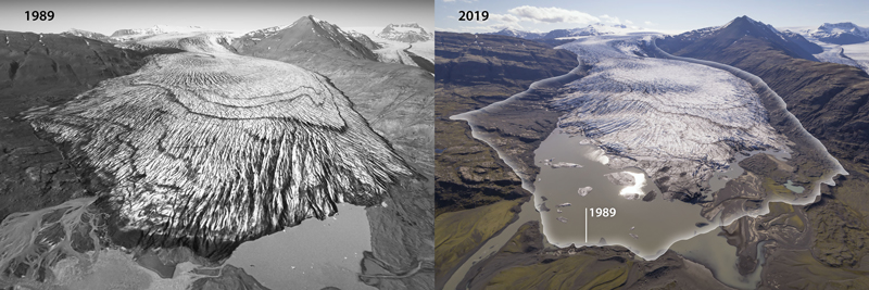 Images of Skálafellsjökull glacier taken in 1989 (left) and 2019 (right)