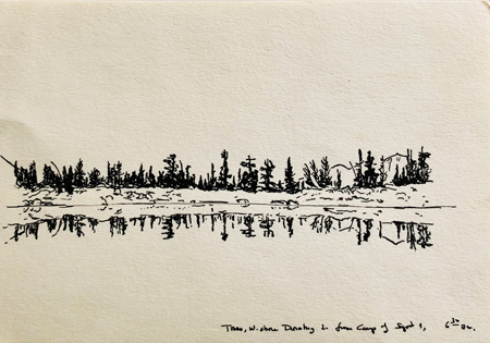 Black-and-white drawing of trees lining the shore of a lake