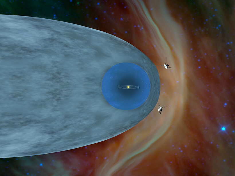 Two spacecraft flying outside the solar system in interstellar space
