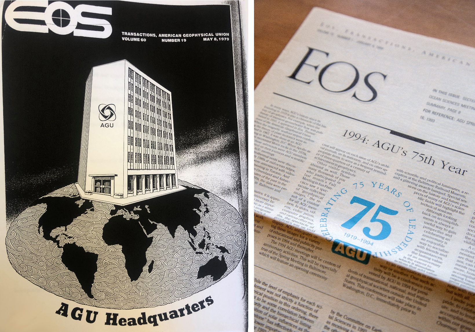 The cover of the 8 May 1979 issue of Eos, featuring an illustration of AGU’s new headquarters (left). The front page of a 1994 issue of Eos, celebrating AGU’s 75th anniversary (right).