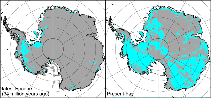 Two maps of the topography of Antarctica, comparing 34 million years ago and today