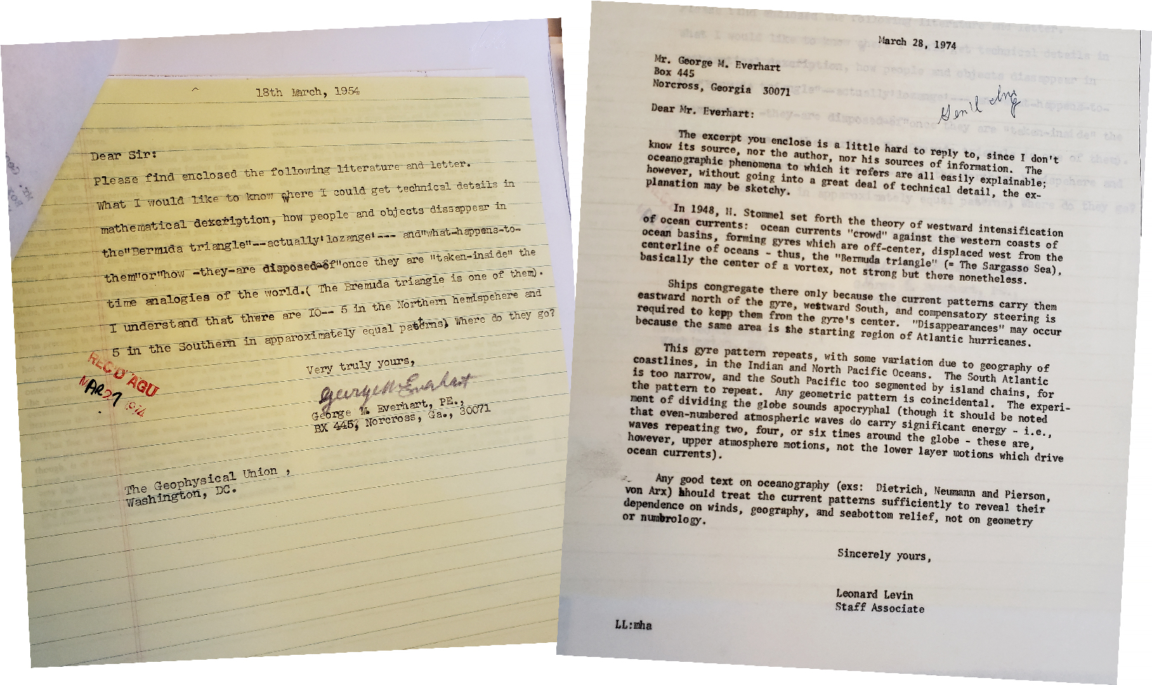 March 1974 letter (misdated 1954) from George Everhart to AGU requesting information about the Bermuda Triangle (left). March 1974 letter from AGU to George Everhart responding to questions about the Bermuda Triangle (right). March 1974 letter (misdated 1954) from George Everhart to AGU requesting information about the Bermuda Triangle (left). March 1974 letter from AGU to George Everhart responding to questions about the Bermuda Triangle (right).