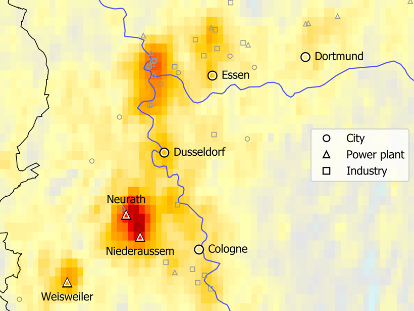 Orange and red shading on map denotes higher levels of nitrogen oxide clusters around lignite power plants in Germany.