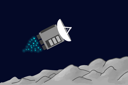 An illustration of a spacecraft flying over a moon’s surface An illustration of a spacecraft flying over a moon’s surface