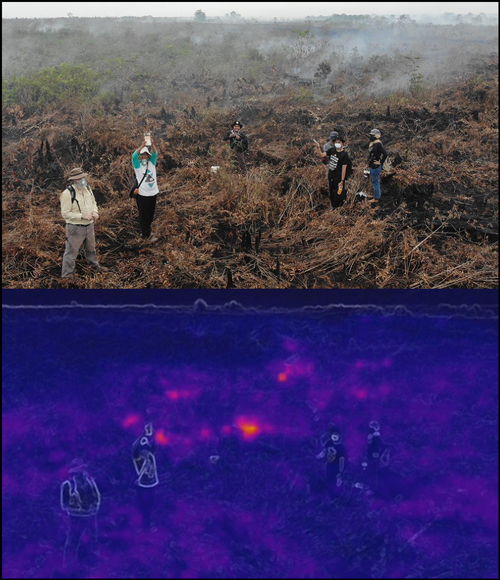 Drone photos of a team of researchers standing in a smoldering peat field, and an infrared photo of the same scene depicting heat sources.