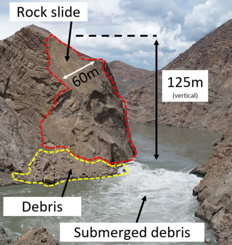 Annotated photo of a river canyon identifying areas of rock slide, debris, and submerged debris Annotated photo of a river canyon identifying areas of rock slide, debris, and submerged debris