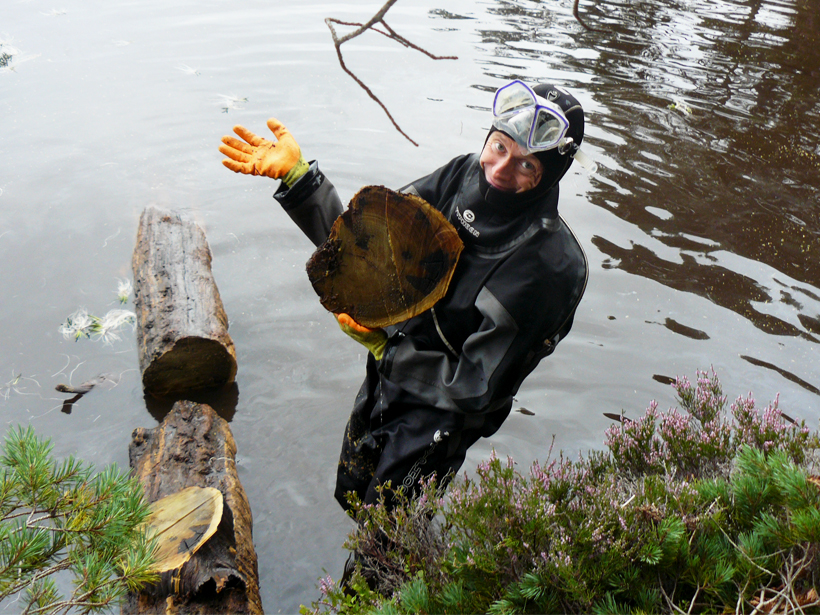 Man in a wetsuit holds a cross section of a tree while standing in a lake.