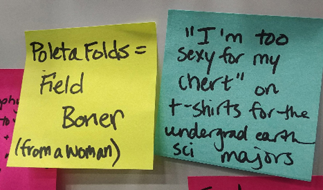 A yellow Post-it says “Poleta Folds = field boner (said by woman),” and a blue Post-it says “’I’m too sexy for my chert’ on t-shirts for undergrad earth sci majors.” A yellow Post-it says “Poleta Folds = field boner (said by woman),” and a blue Post-it says “’I’m too sexy for my chert’ on t-shirts for undergrad earth sci majors.”