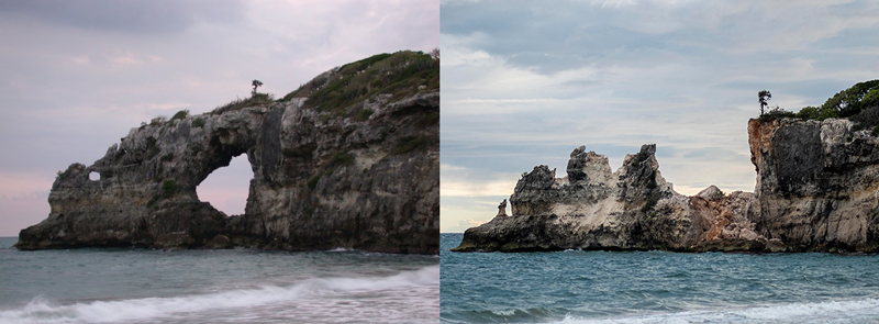 Stone archway before and after an earthquake