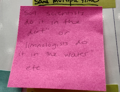 Pink Post-it that reads, “‘Soil scientists do it in the dirt’ or ‘Limnologists do it in the water’ etc.” Pink Post-it that reads, “‘Soil scientists do it in the dirt’ or ‘Limnologists do it in the water’ etc.”