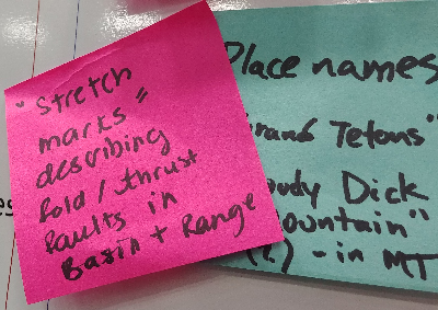 A pink Post-it that says “‘stretch marks’ describing fold/thrust faults in Basin + Range” and a blue Post-it that says “Place names like ‘Grand Tetons’ [and] ‘Bloody Dick Mountain’ in [Montana].”