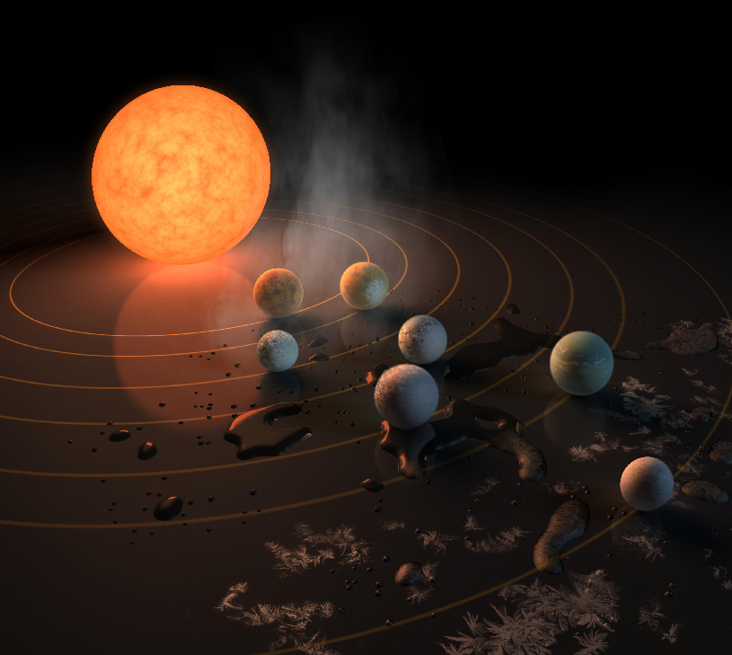 Artist’s conception of seven small planets around a red star