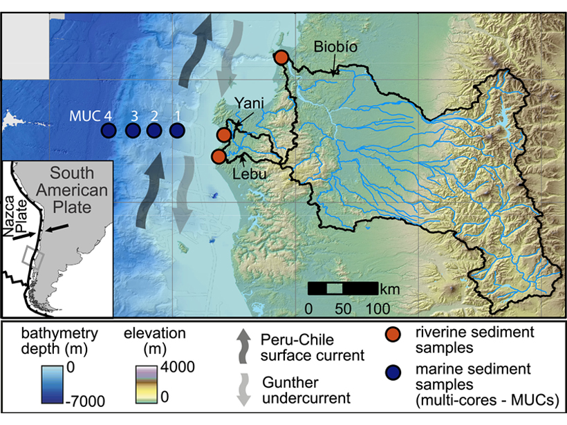 Sediment sampling sites along the Chilean coast showing the locations of marine surface sediment sampling and river sediment sampling.