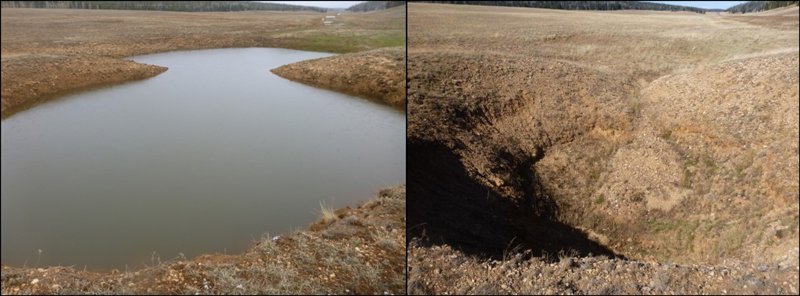 Side-by-side photos show a 10-meter-deep sinkhole on the North Rim of the Grand Canyon filled with rainwater and then the same feature completely dry.