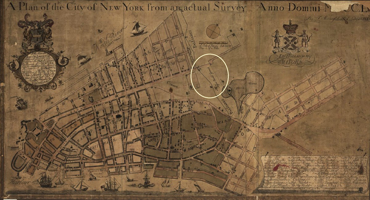 1754 map of New York City with the site of the African Burial Ground circled 1754 map of New York City with the site of the African Burial Ground circled