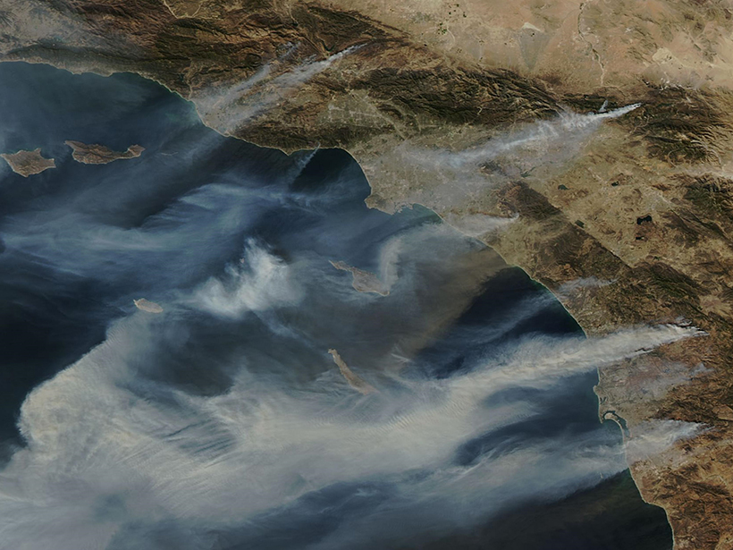 Several large fires burn in Southern California on 22 October 2007 in this satellite image.