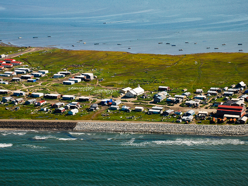 Aerial view of buildings on a narrow spit of land