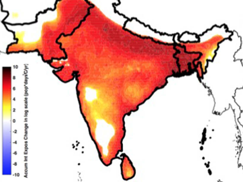 Map of South Asia showing population exposure to accumulated relative intensity in the decade around 2050 under a high emissions climate change scenario relative to the decade around 2000.