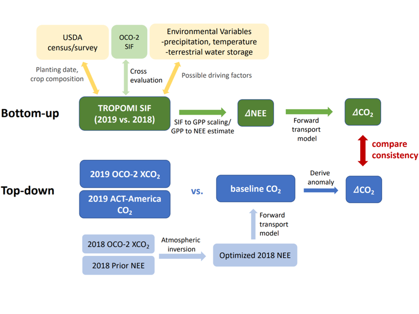 Schematic showing two independent methods used to estimate the change in CO2 fluxes due to widespread flooding across the U.S. Midwest region in spring and summer 2019.