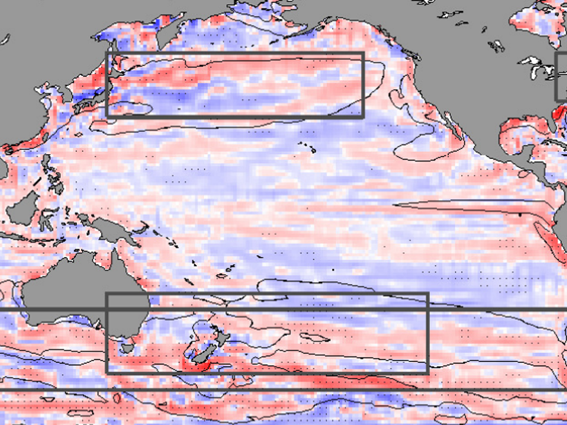 Map showing observed trends and climatology of the sea surface temperature gradients in the global ocean over the period 1982-2018