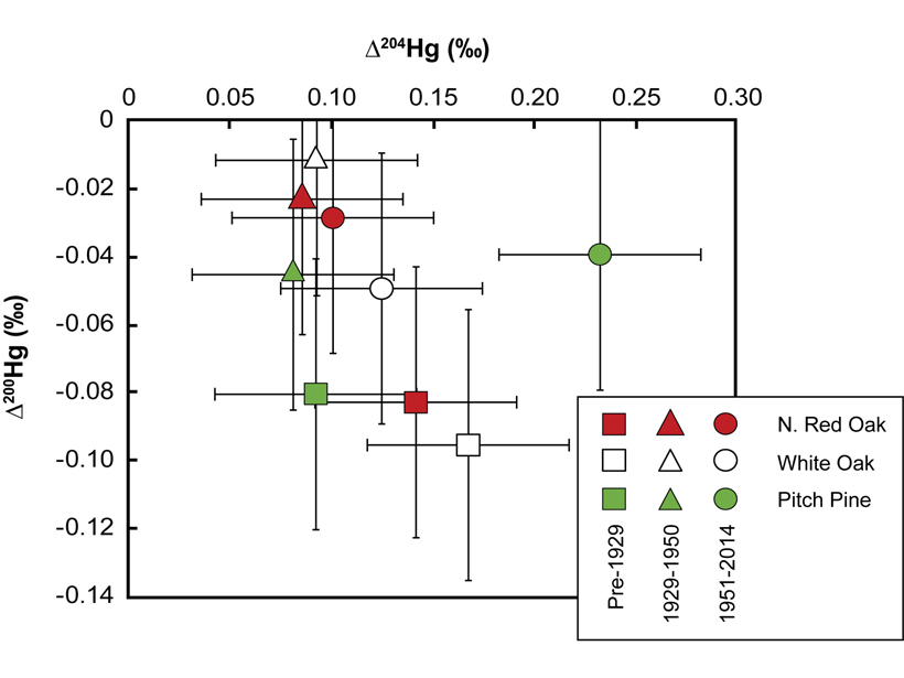 Chart showing mercury stable isotope concentrations in tree rings