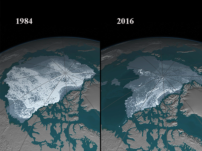 Image pair showing how Arctic sea ice diminished between 1984 and 2016
