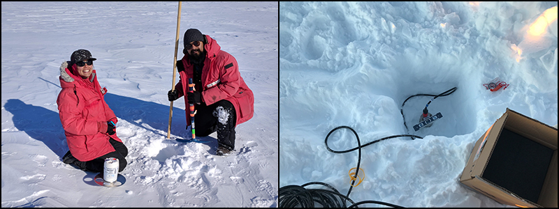 Photos showing (left) engineers installing a nodal seismic sensor at the Castle Rock test site near McMurdo Station, Antarctica, and (right) a deployed seismic sensor buried in snow.