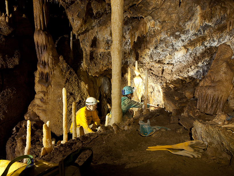 Scientists in hardhats excavate a cave.
