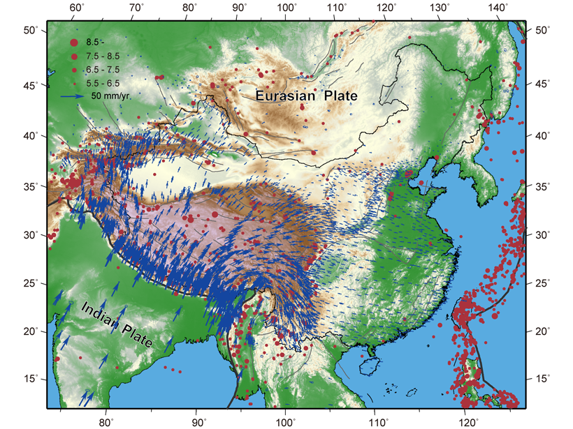 Map of China and surroundings showing GPS-measured crustal velocities and large earthquakes