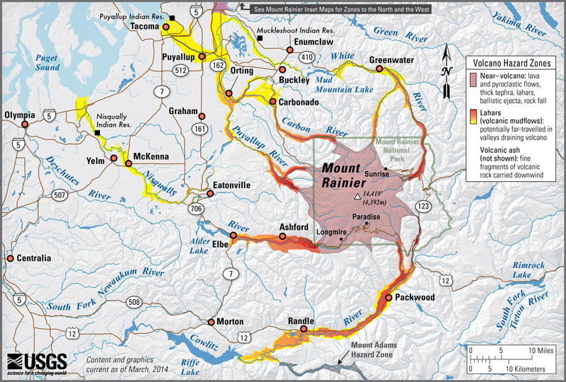 A map of Mount Rainier and the surrounding area marked with the level of potential lahar risk. A map of Mount Rainier and the surrounding area marked with the level of potential lahar risk.