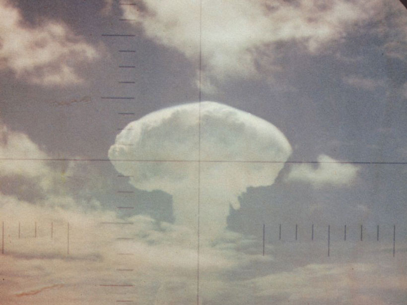 The mushroom cloud of the Frigate Bird nuclear test seen through an aircraft periscope